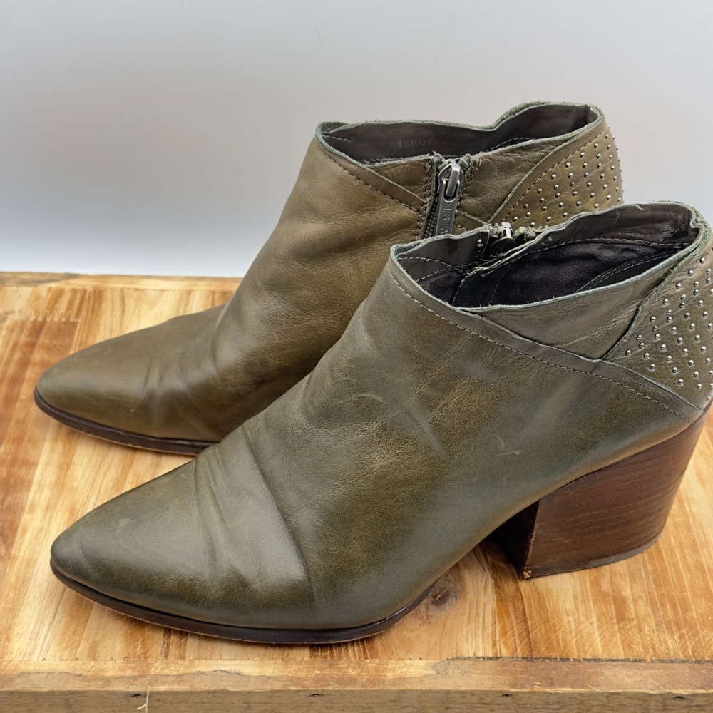1.STATE Ankle Boots Green Leather Studded Block Heel 8.5 M Booties Western Fall
